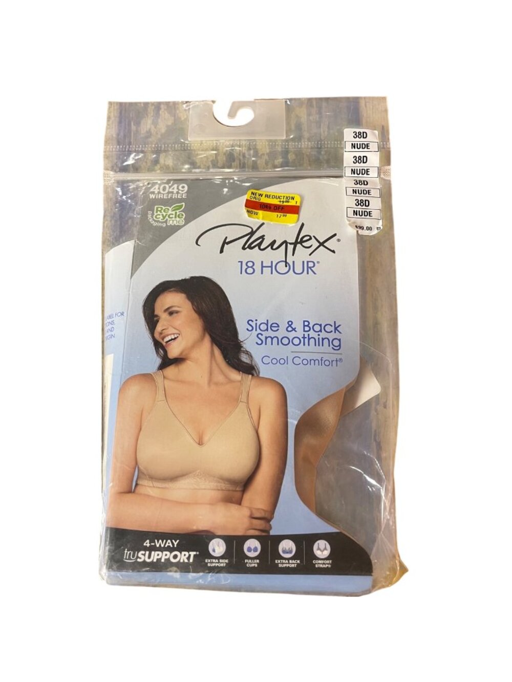 Playtex 18 Hour 4049 Side & Back Smoothing Cool Comfort Wirefree Bra Sz 38D Nude